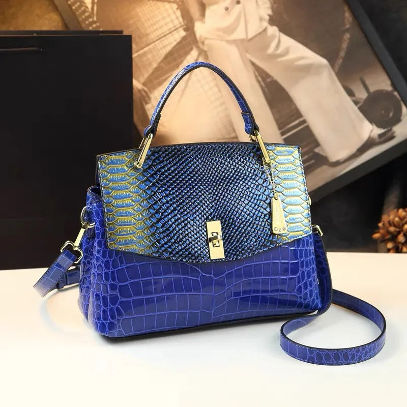 Women's colourful crocodile pattern crossbody handbag with snake print in horizontal square shape