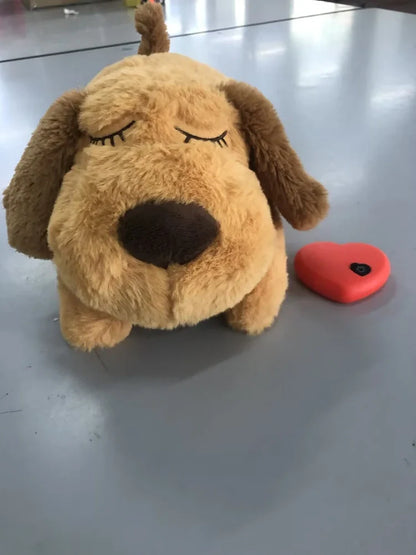 Light brown plush dog toy measuring 37cm long with heartbeat accessory for pet anxiety relief