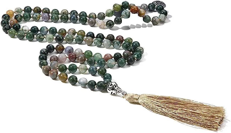 Handmade knotted beaded necklace with 108 natural stone beads in various colours.