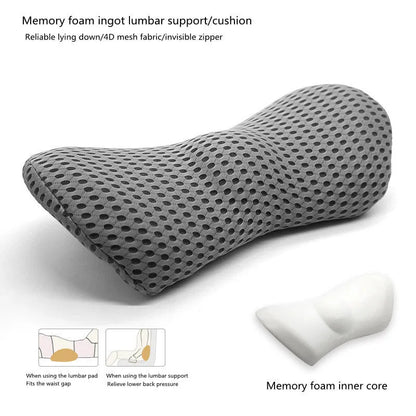 Ergonomic lumbar support pillow with grey 4D mesh fabric cover and memory foam core