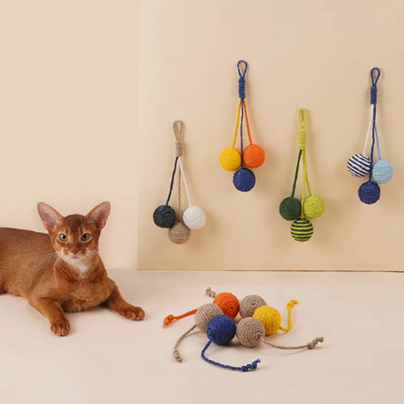Cat toy set showing a colourful teaser stick and a bite-resistant catnip ball on a white background.