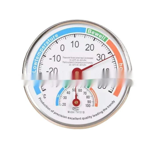 Indoor thermometer with black plastic pointer and red metal pointer on black or blue back shell