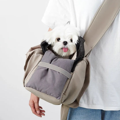 Apricot coloured soft cloth portable pet carrier handbag for small dogs and cats.