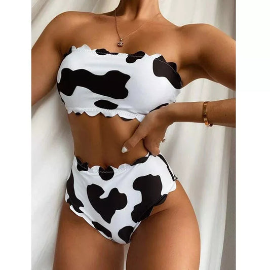Black and white cow print wrapped breast bikini for women