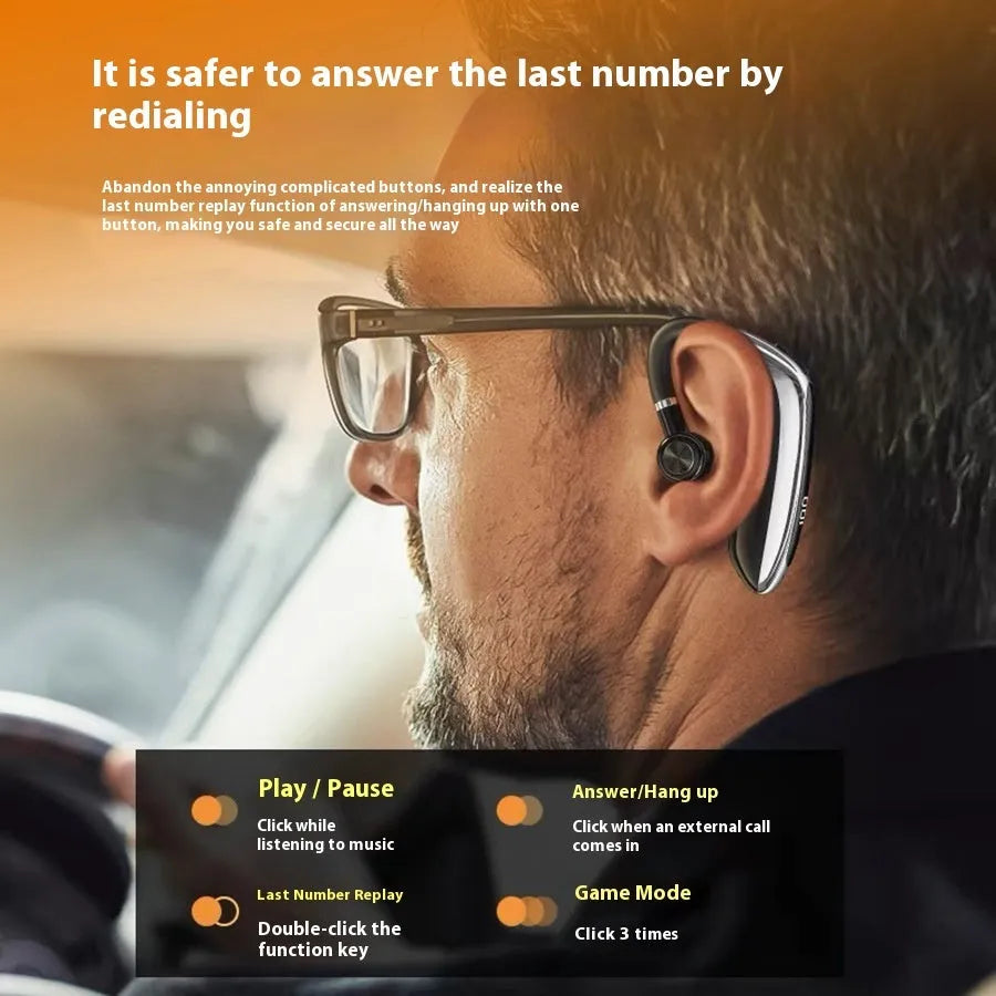 Wireless Bluetooth clip-on headset in piano black, plastic body, 10m range, noise reduction, 8+ hour battery.