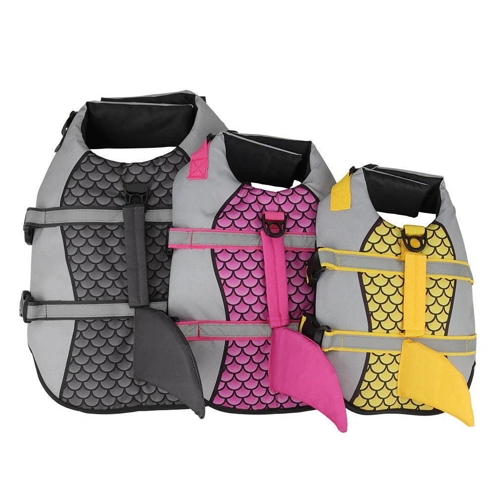 High buoyancy dog swim vest with emergency handle and leash attachment in multiple colors