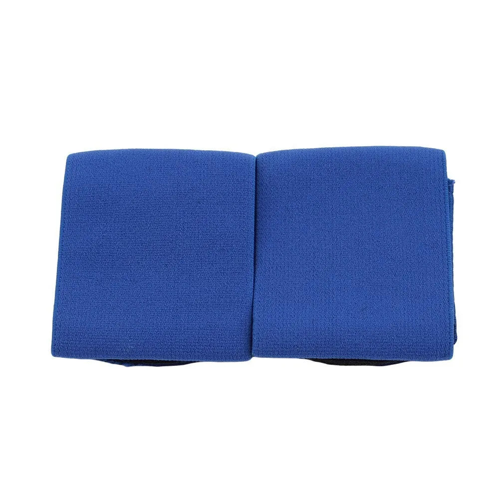 Rubber shin guard strap for football in red, shown securing a shin pad.