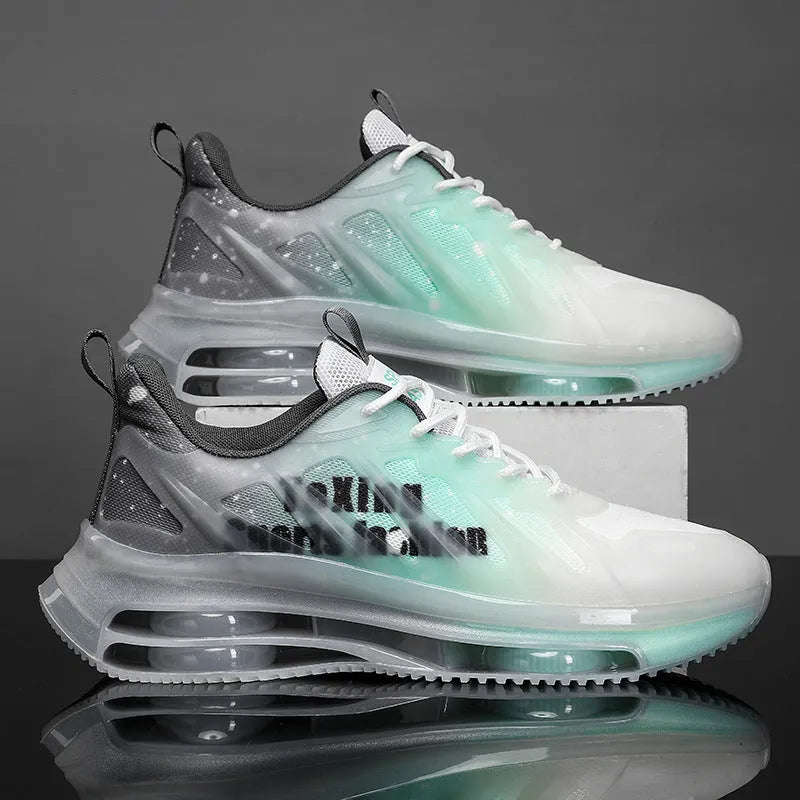 Men's black and green platform running shoes with mesh upper and rubber sole, showing lace-up design and 3-5cm heel height