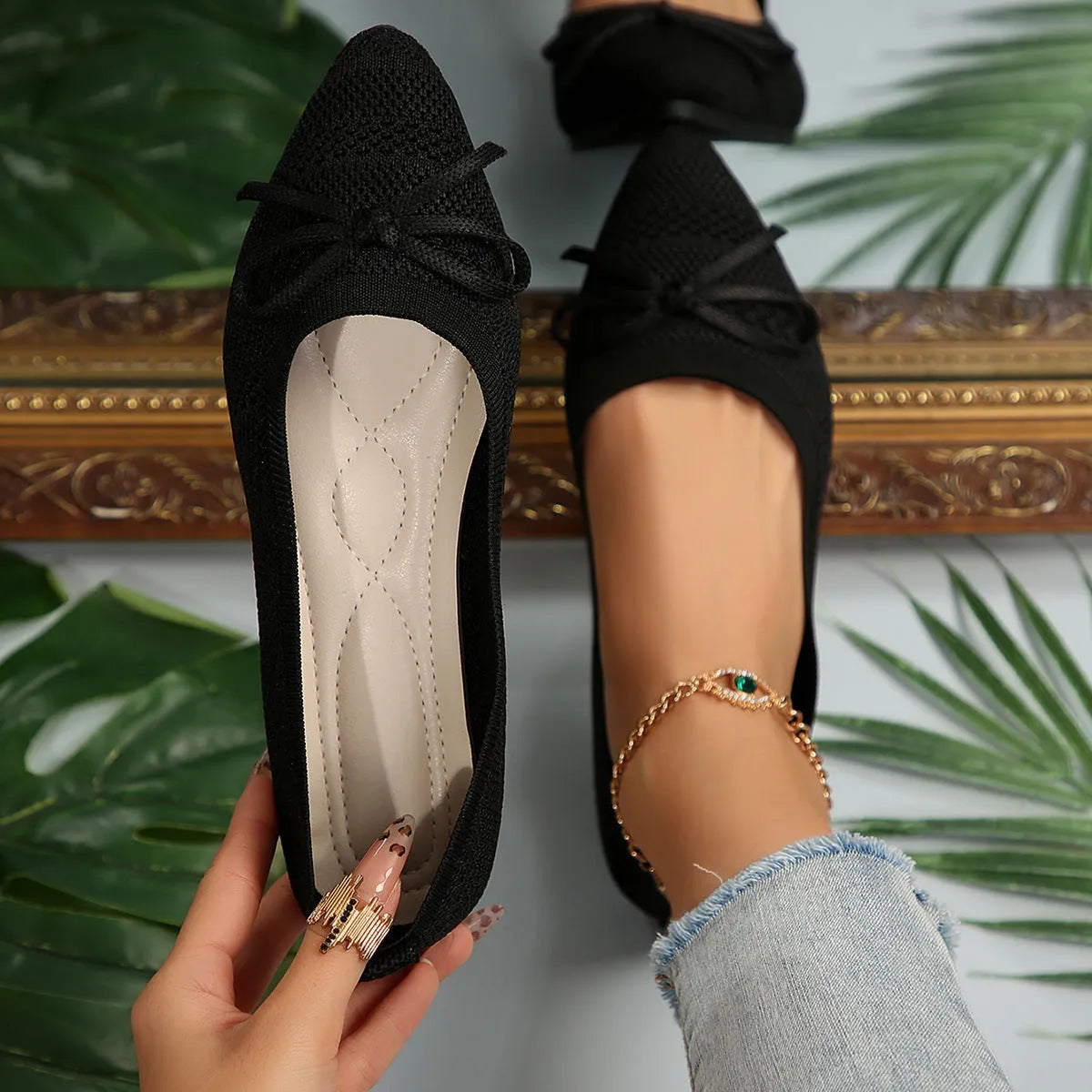 Women's knitted loafers with bow detail and pointed toe in multiple colour options