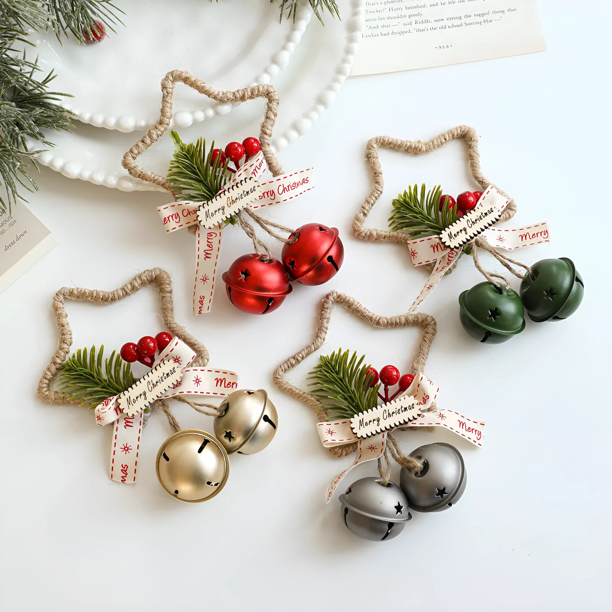 Metal Christmas bell ornament in gold, green, red or silver, single iron hanging decoration