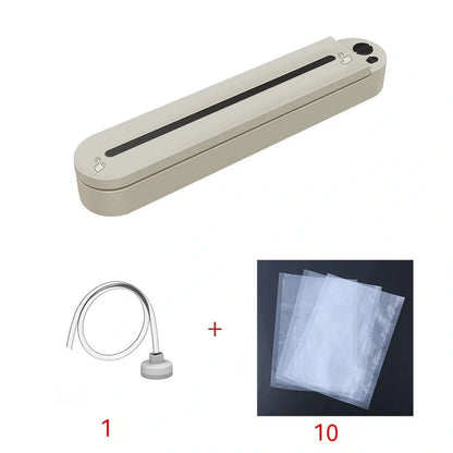 Black household vacuum sealing machine with 90W power, vacuum bags, and external tubes for food preservation