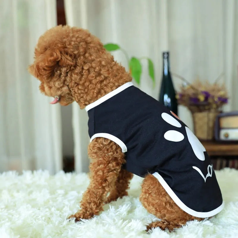 Pet Dog Printed Love Short Sleeve Top Cotton Pet Clothing in Black or White Sizes XS to XXL for Small to Large Dogs