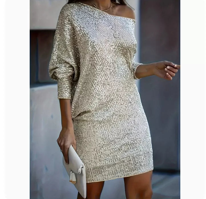 Women's oblique shoulder sequins party dress in various colors for formal occasions