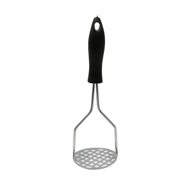 Manual potato masher with wooden handle and flower-shaped press for easy mashing