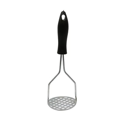 Manual potato masher with wooden handle and flower-shaped press for easy mashing