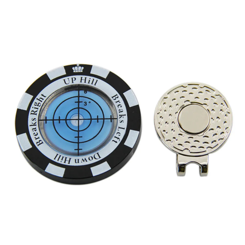 Golf level hat clip measurement device with green level markings and position marks for putting alignment