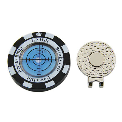Golf level hat clip measurement device with green level markings and position marks for putting alignment