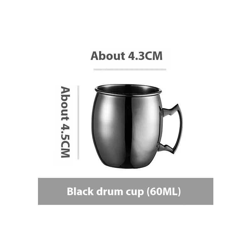 Stainless steel Moscow Mule cup with copper interior in gold, rose gold, silver, or black finish.