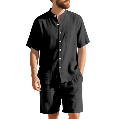 Men's light blue linen blend summer suit with short sleeve Henry collar jacket and matching shorts