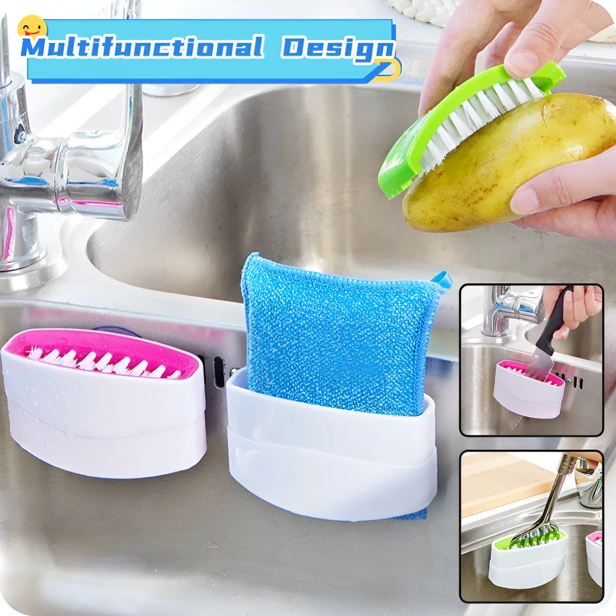 Blue kitchen brush with utensil slots and suction cup for fruit and vegetable cleaning