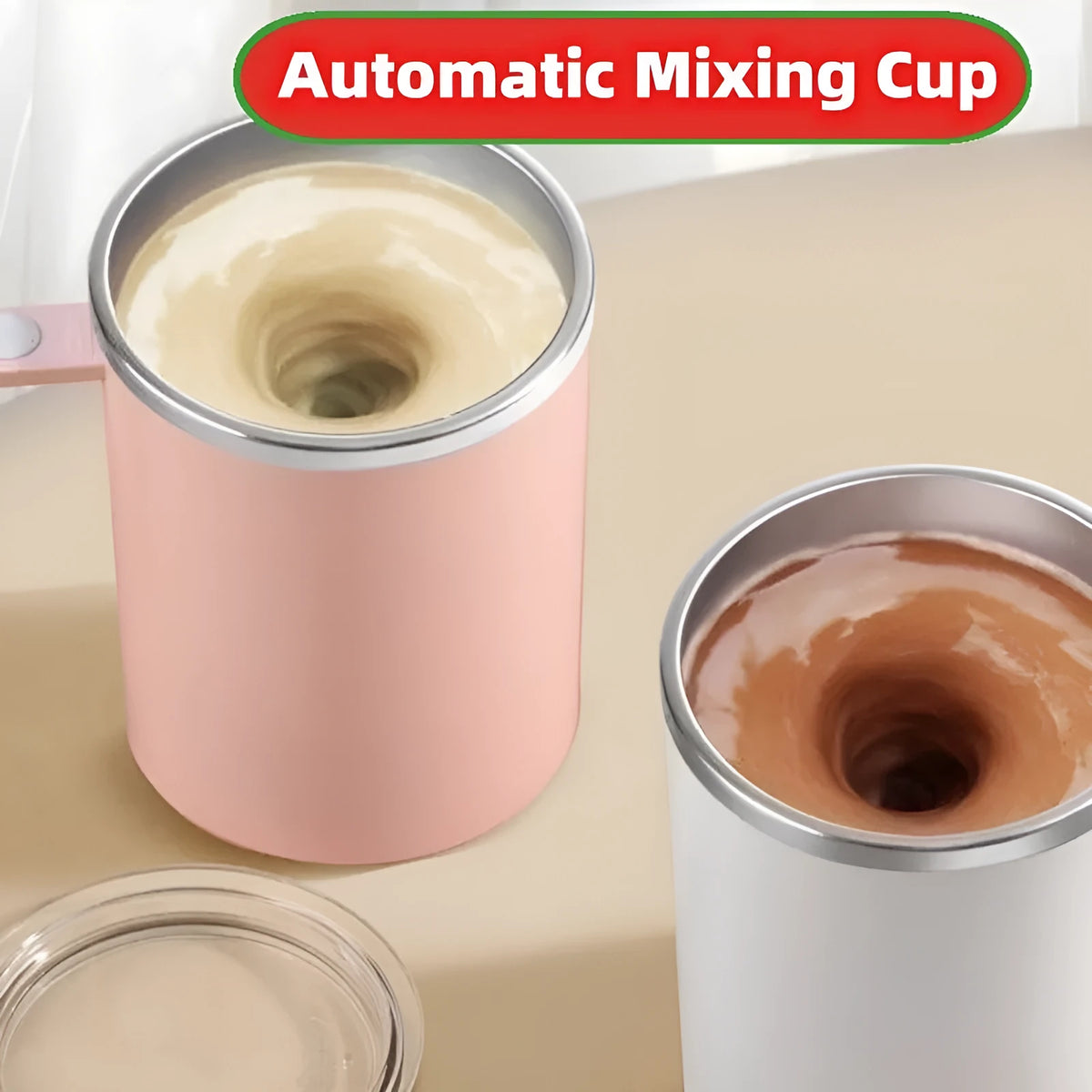 White automatic magnetic stirring coffee cup with stainless steel interior on a desk