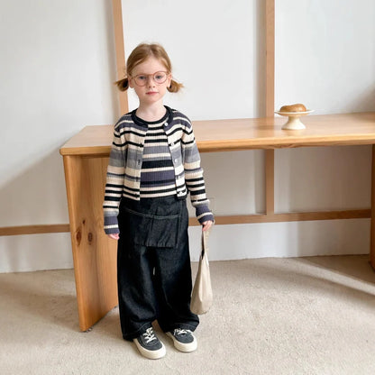 Grey striped knitted vest and jacket two-piece set with long sleeves on mannequin