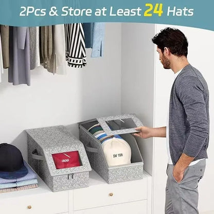 Grey foldable woven fabric storage box with dimensions 42cm by 22cm by 17cm for organising caps and sundries.