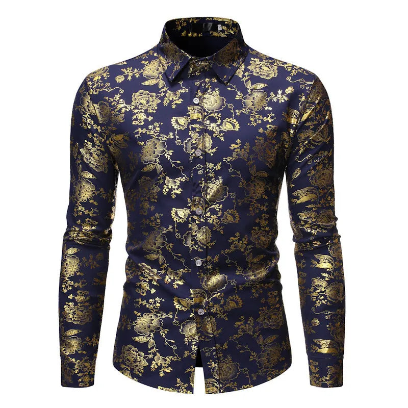 Men's wine red lapel shirt with metal bronzing print on collar, cardigan style with long sleeves
