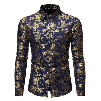 Men's wine red lapel shirt with metal bronzing print on collar, cardigan style with long sleeves