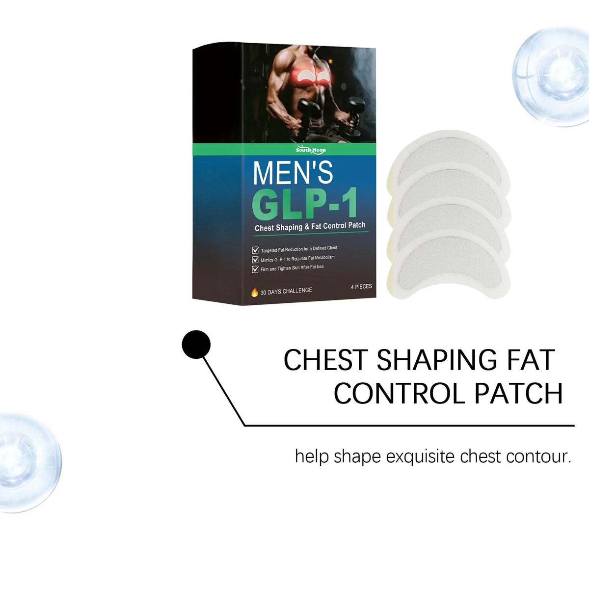 Four men's thin chest figure control patches with natural ingredients including mugwort and ginger