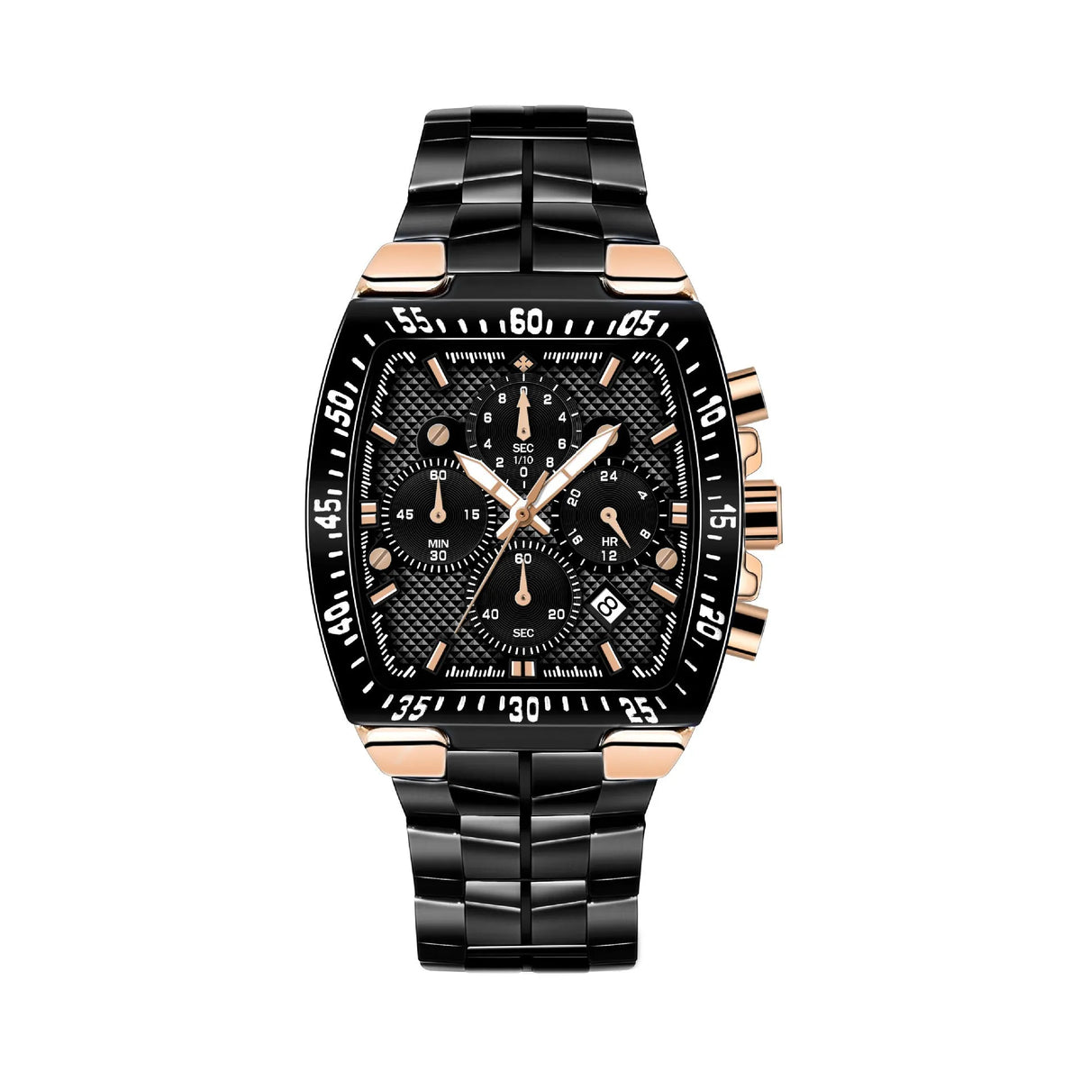 Men's seven needle steel belt quartz watch with pointer display, 30M waterproof, in black, blue, gold, or silver