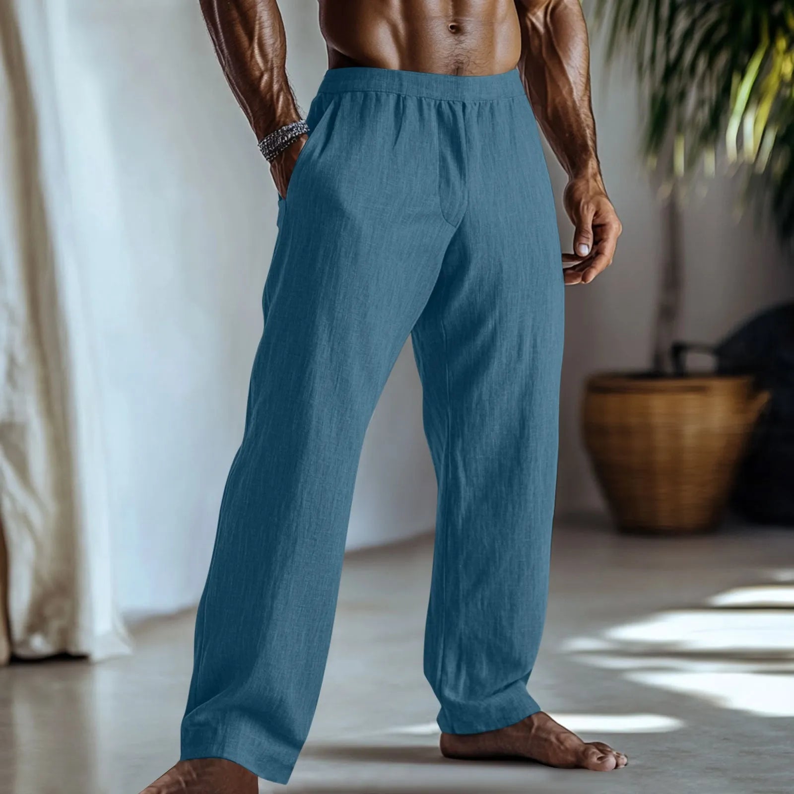 Straight-leg casual trousers in a cotton linen blend fabric shown in a solid colour.
