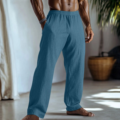 Straight-leg casual trousers in a cotton linen blend fabric shown in a solid colour.
