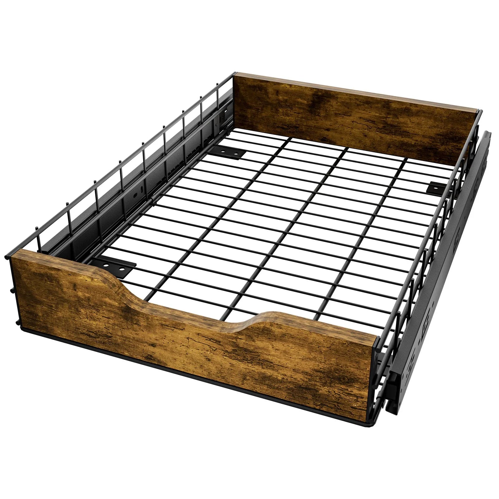 Black household storage rack with pull basket design made from wood and iron for kitchen organisation
