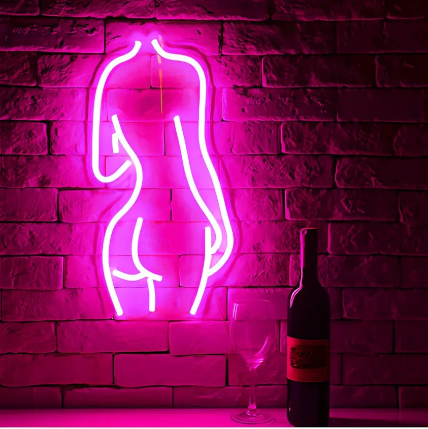 Pink acrylic LED neon wall sign measuring 25cm wide with USB cable connection