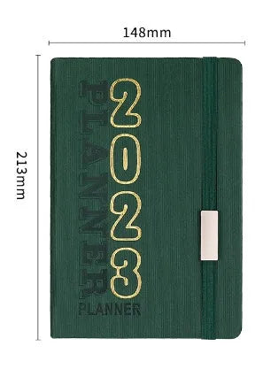 Creative student almanac diary with imitation leather cover open on a calendar page.