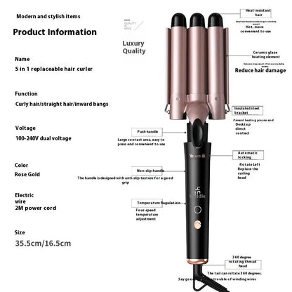 Rose gold five-in-one tube replacement hair curler with LCD screen and negative ion technology