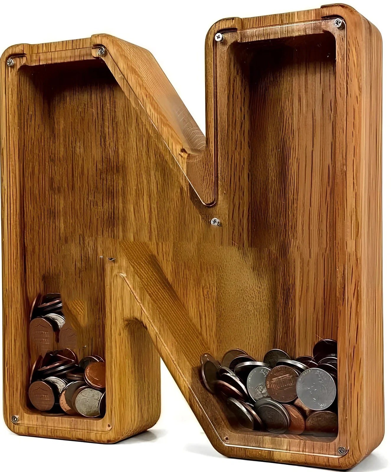 Handmade wooden letter piggy bank with personalised initial, showing 15cm height and 5cm coin slot for UK coins