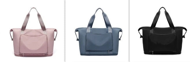 Roomy and foldable gym bag for women with waterproof Oxford fabric, multiple pockets, and wet/dry separation compartment