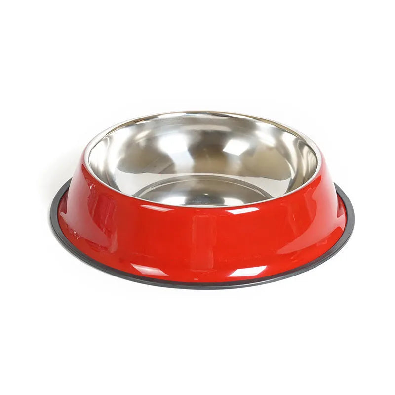 Stainless steel pet bowl with colourful melamine exterior in various sizes with non-slip rubber base