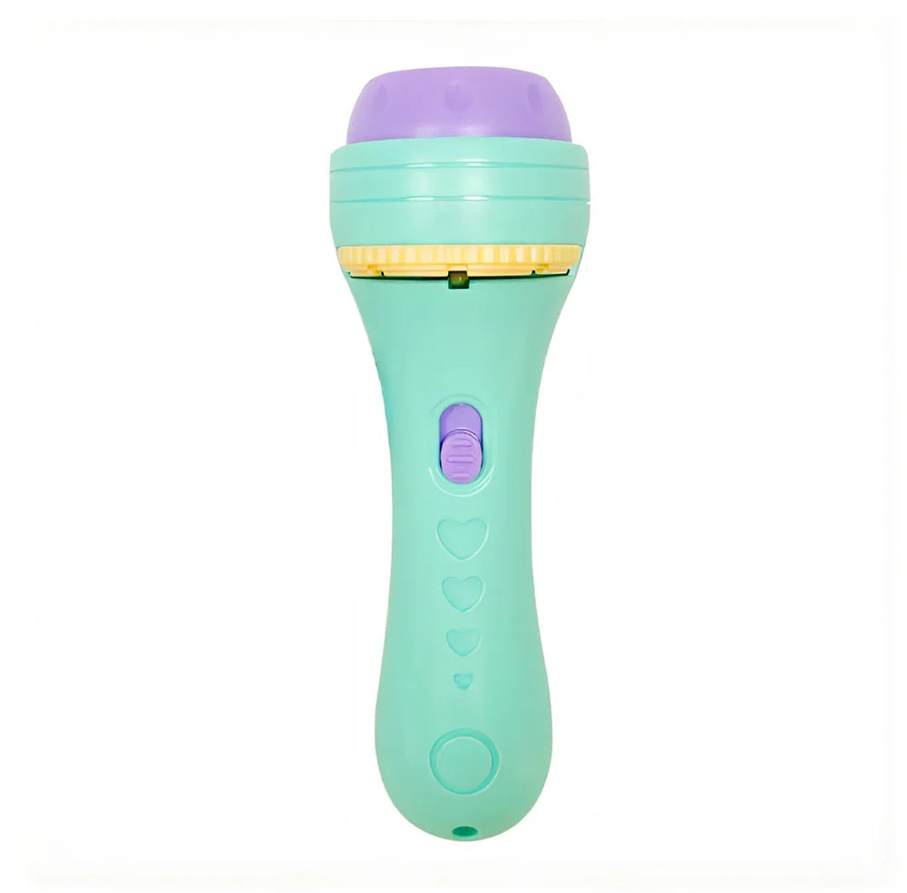 Red plastic cartoon projection flashlight showing rotating lens for 80 pattern changes