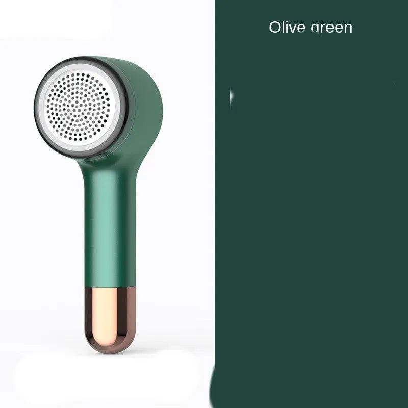 USB rechargeable hair ball trimmer in black, green, red, or white on a fabric background.