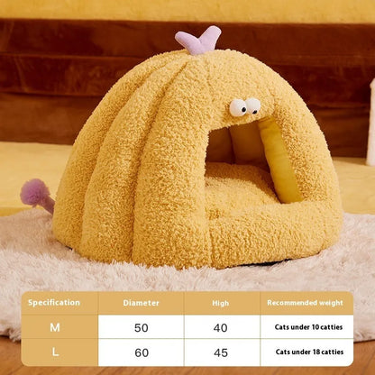 Monster-shaped semi-enclosed cat kennel in bubble velvet material available in green, purple and yellow colours