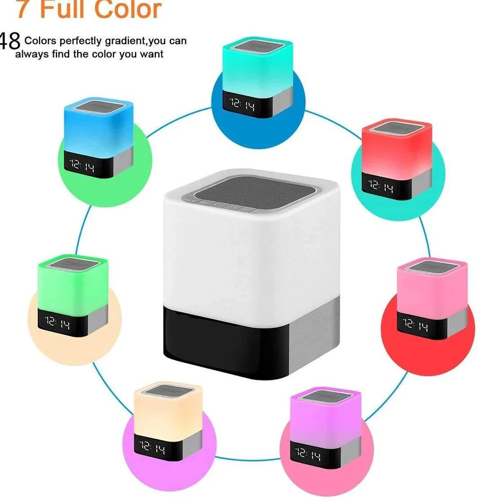 Square Bluetooth speaker alarm clock with touch screen and multi-colour LED lighting, measuring 100x100x112mm