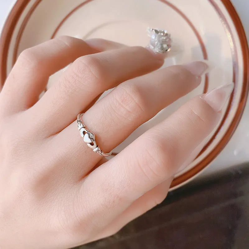 Copper open heart ring with retro silver finish for women
