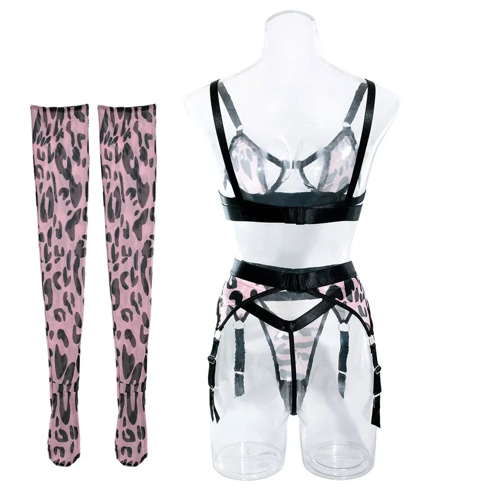 Wild leopard print mesh lingerie set with hollow back design and fixed double-shoulder straps