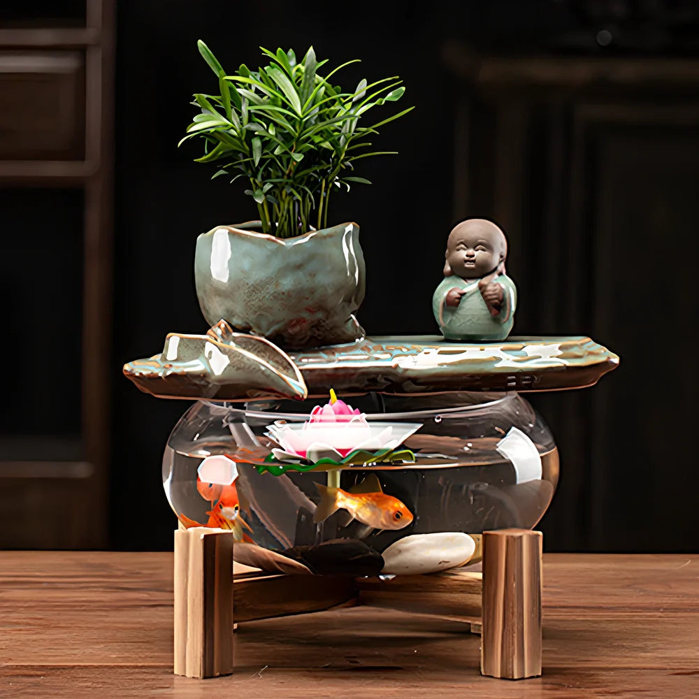 Ceramic water fountain fish tank lamp with stone mill design and integrated LED lighting