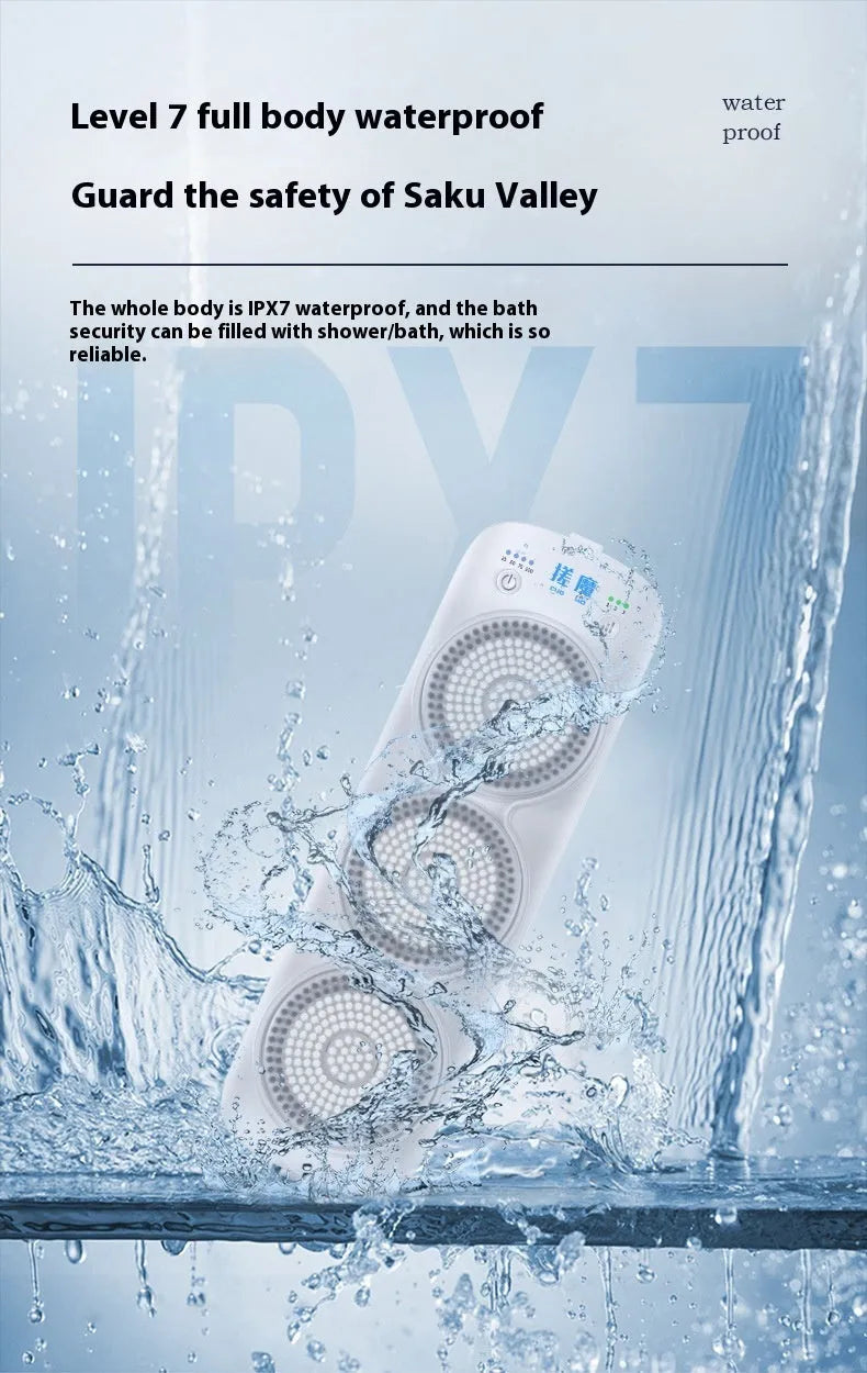 Grey wall-mounted electric bath rubbing machine with rub back plate, three nylon brush heads and charger