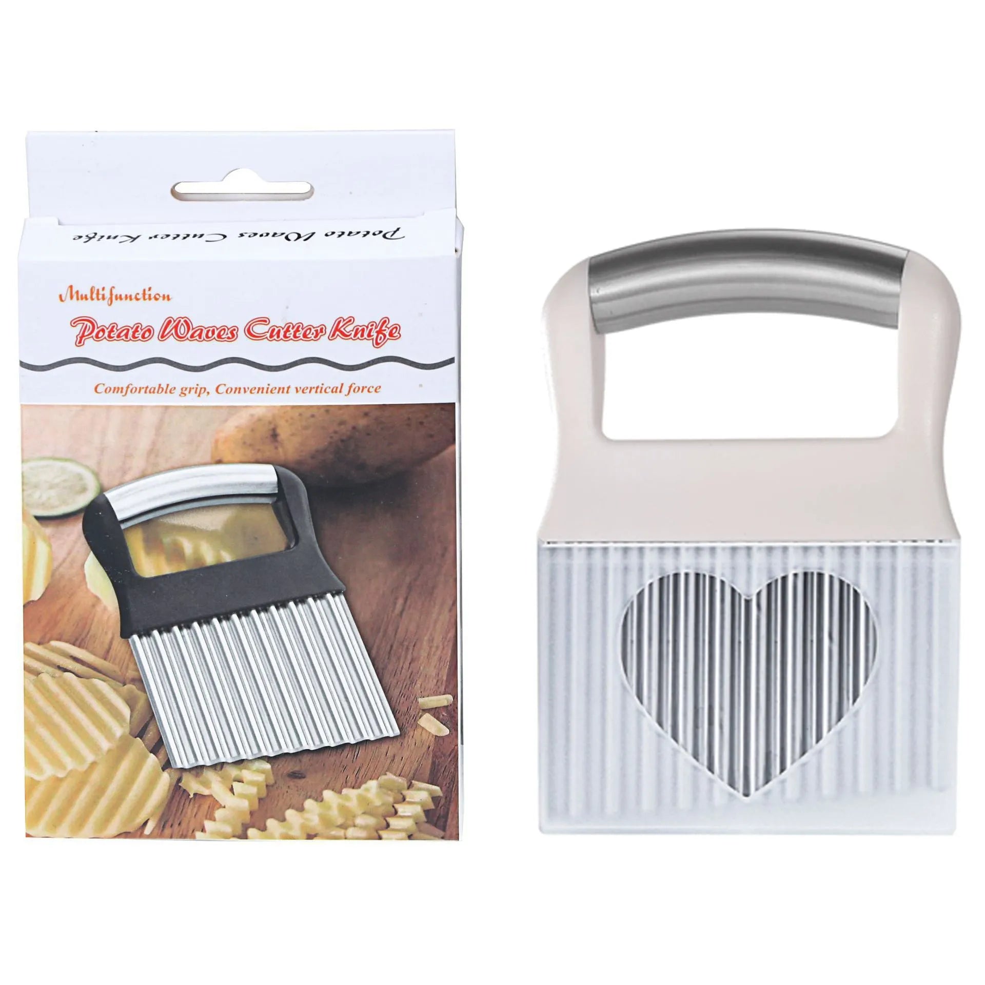 Stainless steel potato wave knife measuring 14x9cm with 8mm crinkle pattern for cutting uniform chips
