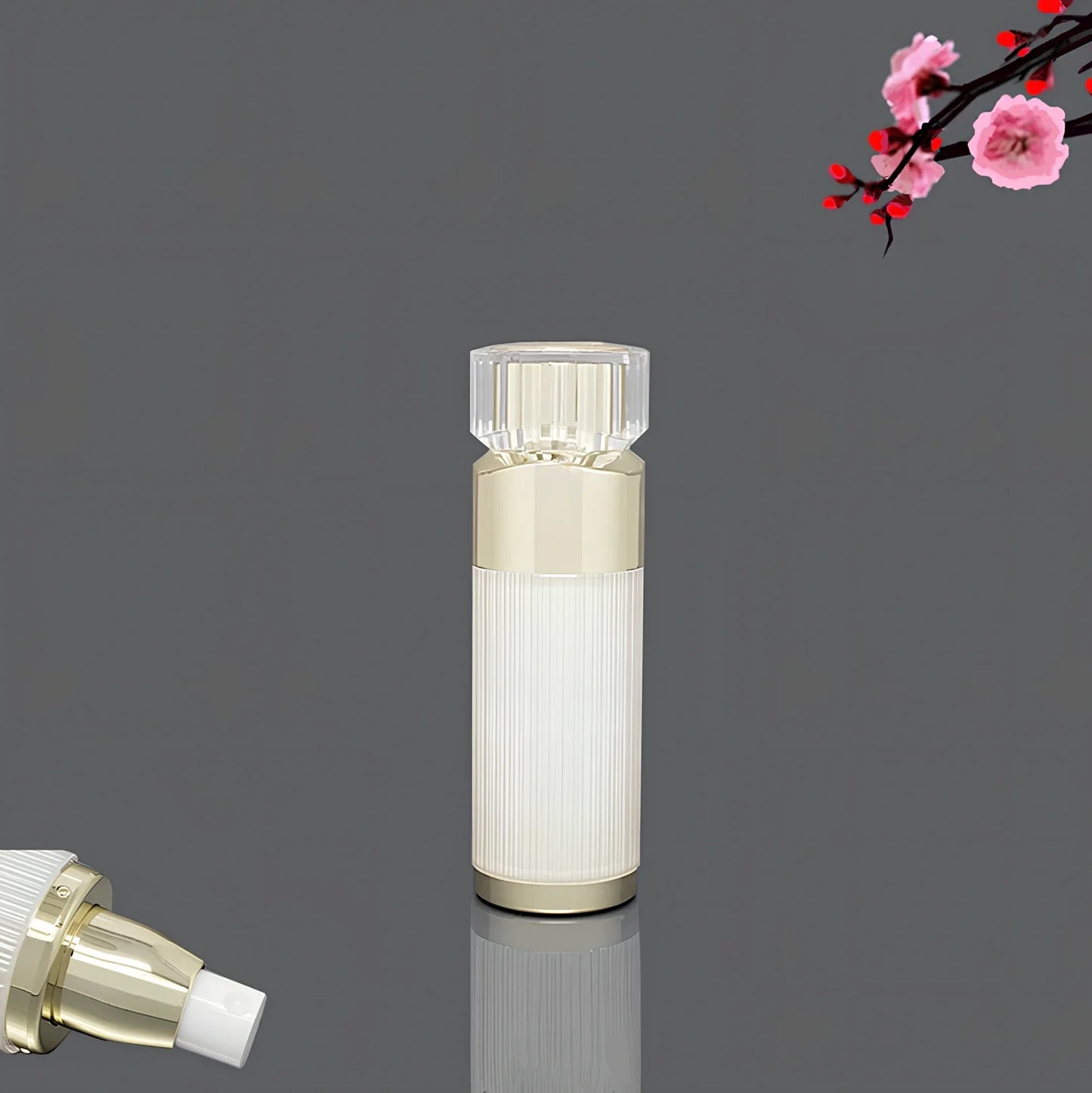 Acrylic cosmetics bottles in champagne gold and brushed white with vacuum sealing, various sizes from 5g to 120ml